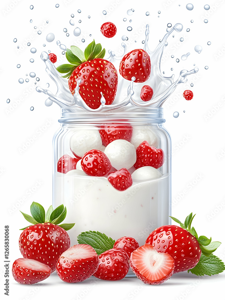 Strawberry dessert with cream in a glass jar, splashing, for food blog Strawberry dessert with cream in a glass jar, splashing, for food blog