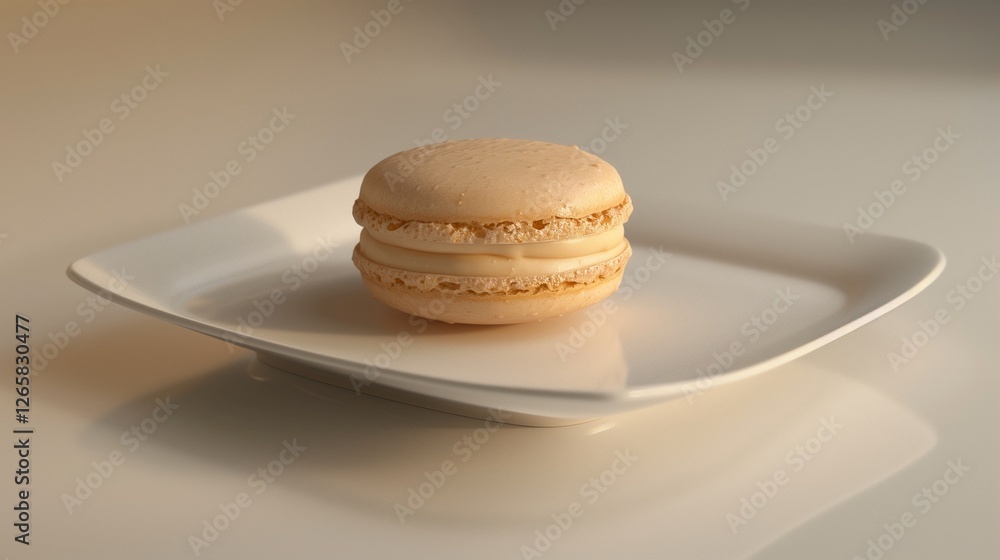 A clean white dish with a single macaroon resting on it, placed on a smooth surface. A clean white dish with a single macaroon resting on it, placed on a smooth surface.