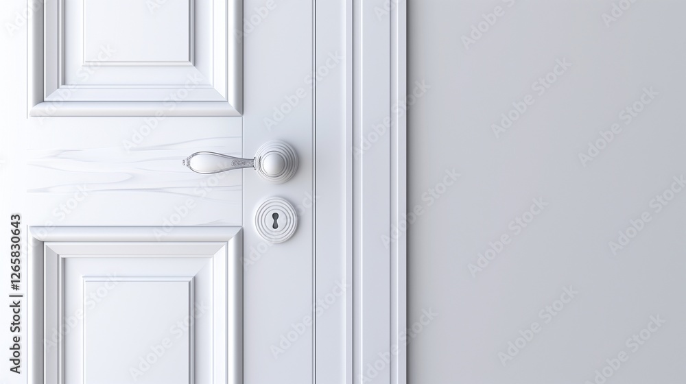 A clean white door handle attached to a minimalist white door. A clean white door handle attached to a minimalist white door.