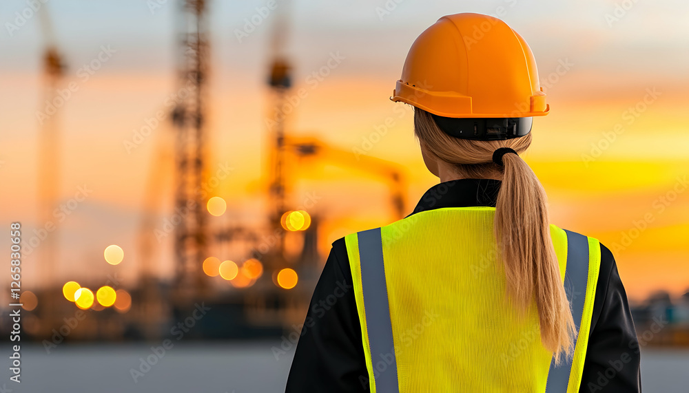 Supervisor monitors crane activity during sunset. For use in construction industry Supervisor monitors crane activity during sunset. For use in construction industry