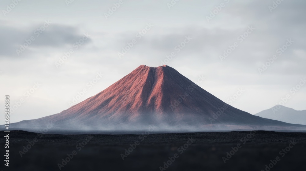 Fototapeta premium Volcanic landscape sunrise, misty plains, mountains. Travel brochure use