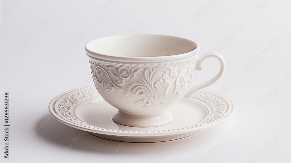 A delicate porcelain tea cup with intricate designs, placed on a clean white saucer. A delicate porcelain tea cup with intricate designs, placed on a clean white saucer.