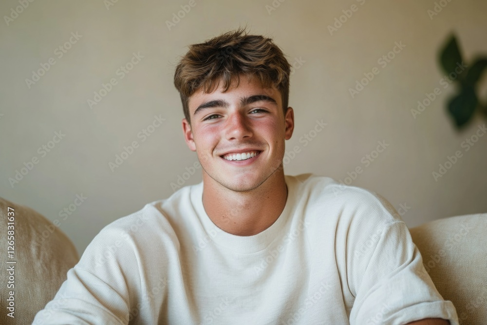 Young man with spiky hair smiling confidently at camera. He has a short beard and light skin, and is wearing a white sweater over a striped shirt. Young man with spiky hair smiling confidently at camera. He has a short beard and light skin, and is wearing a white sweater over a striped shirt.