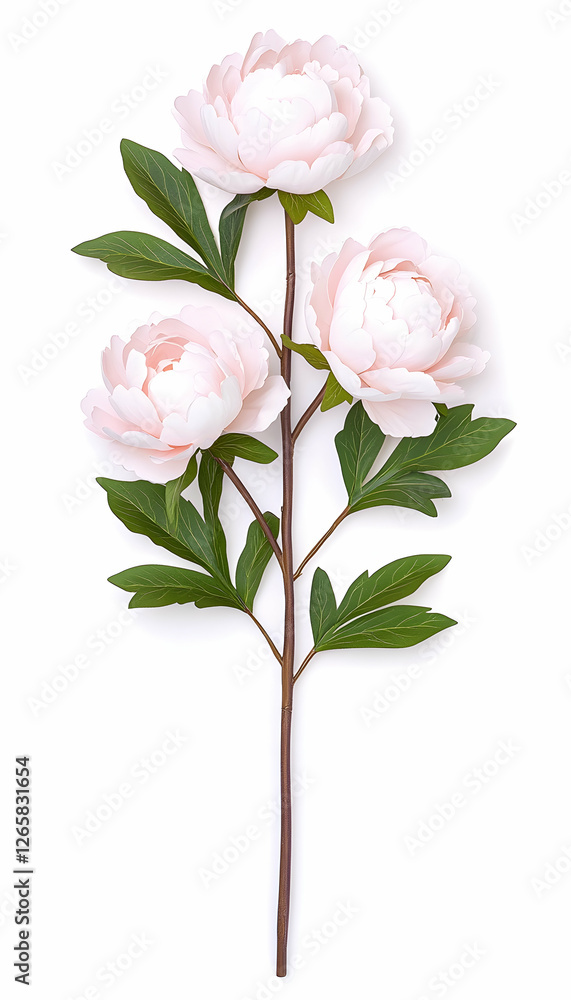 Three peony blooms on a stem with lush green leaves over white for design Three peony blooms on a stem with lush green leaves over white for design