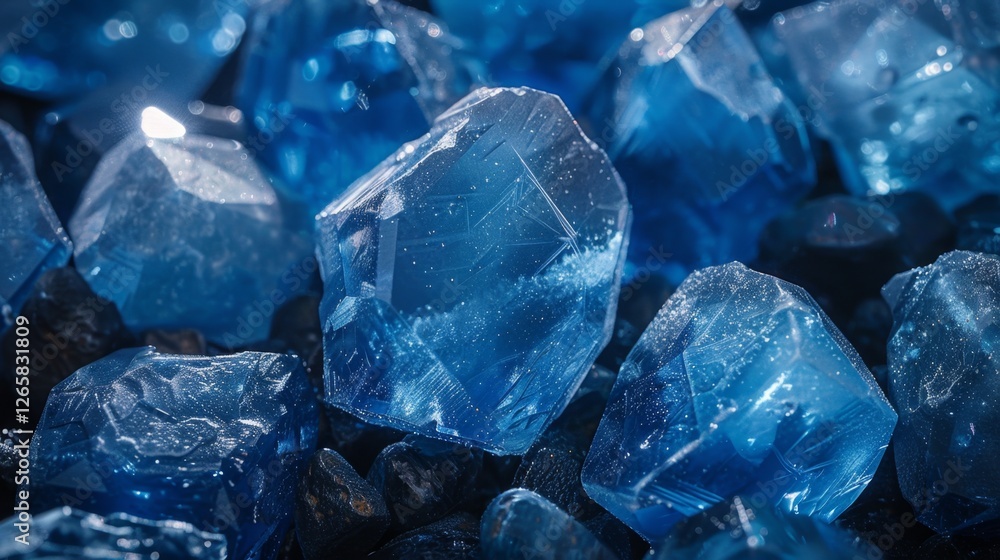 Obraz premium Stunning blue gemstones scattered on a dark surface, reflecting light beautifully in a close-up view