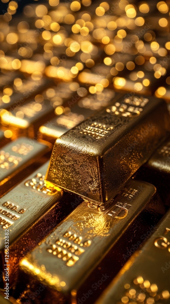 Gold bars stacked closely in a dazzling display, emphasizing wealth and luxury under warm lighting Gold bars stacked closely in a dazzling display, emphasizing wealth and luxury under warm lighting