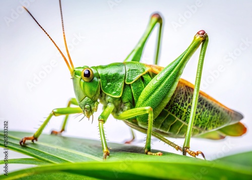 Green Bush-Cricket (Tettigonia viridissima) on White Background - Macro Insect Photography photo