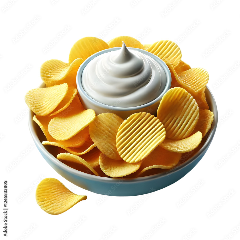 Potato Chips with Dip Isolated on White - Crispy potato chips with creamy dip showing snack presentation. Professional food photography. Potato Chips with Dip Isolated on White - Crispy potato chips with creamy dip showing snack presentation. Professional food photography.