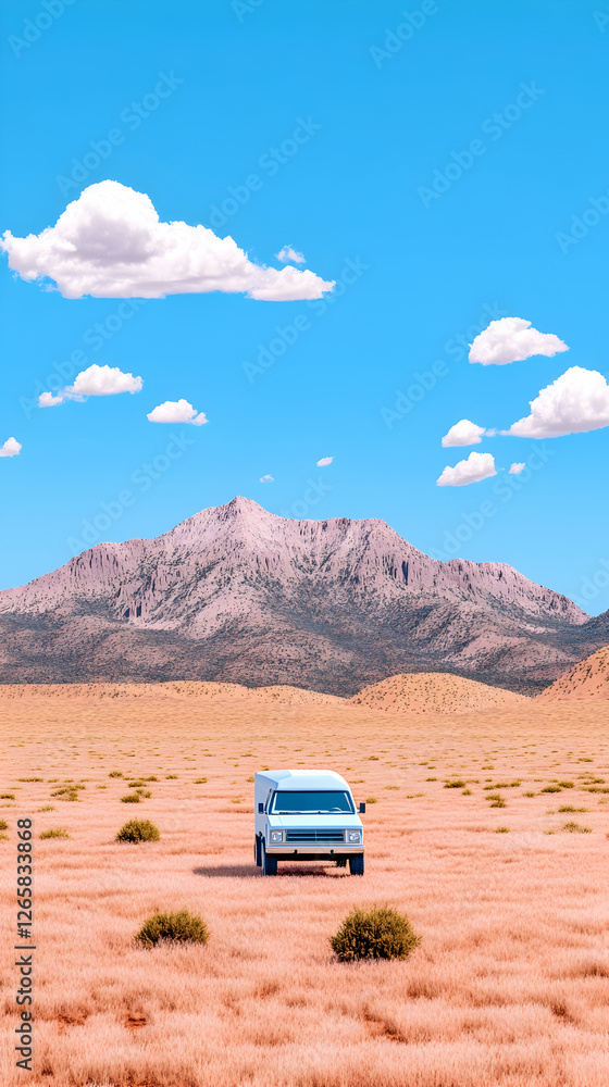 Obraz premium Van parked near desert mountain. Sunny skies and small shrubs in background