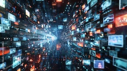 Digital contents concept. Moving stream of digital information. Social Media networking service. Many Screens view. Streaming video. Smartphone in 3D Cyberspace Media, Does e-Commerce