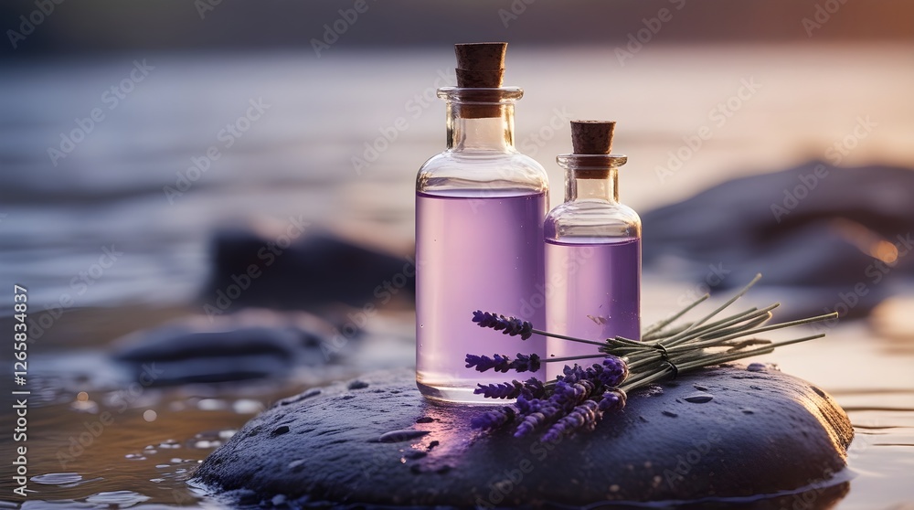 two glass bottles with purple essence liquid with lavender placed on stone near water, space for copy two glass bottles with purple essence liquid with lavender placed on stone near water, space for copy