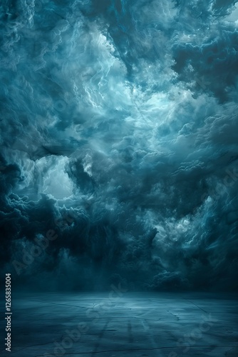 A large dark blue painted background with deep sea tones and a mysterious atmosphere