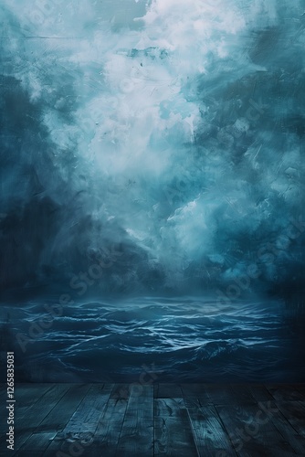 A large dark blue painted background with deep sea tones and a mysterious atmosphere