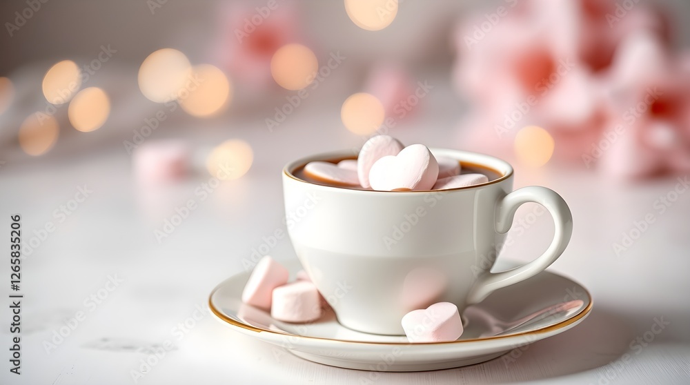 a cup of chocolate topped with heart-shaped marshmallows, illuminated by soft, diffused light, space for copy a cup of chocolate topped with heart-shaped marshmallows, illuminated by soft, diffused light, space for copy