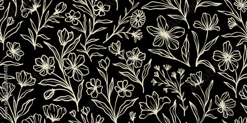 Leaves branch and Hand Drawn doodle Scribble floral plants banner. seamless pattern. Creative minimalist Abstract art background. Design wall decoration, postcard, poster and brochure