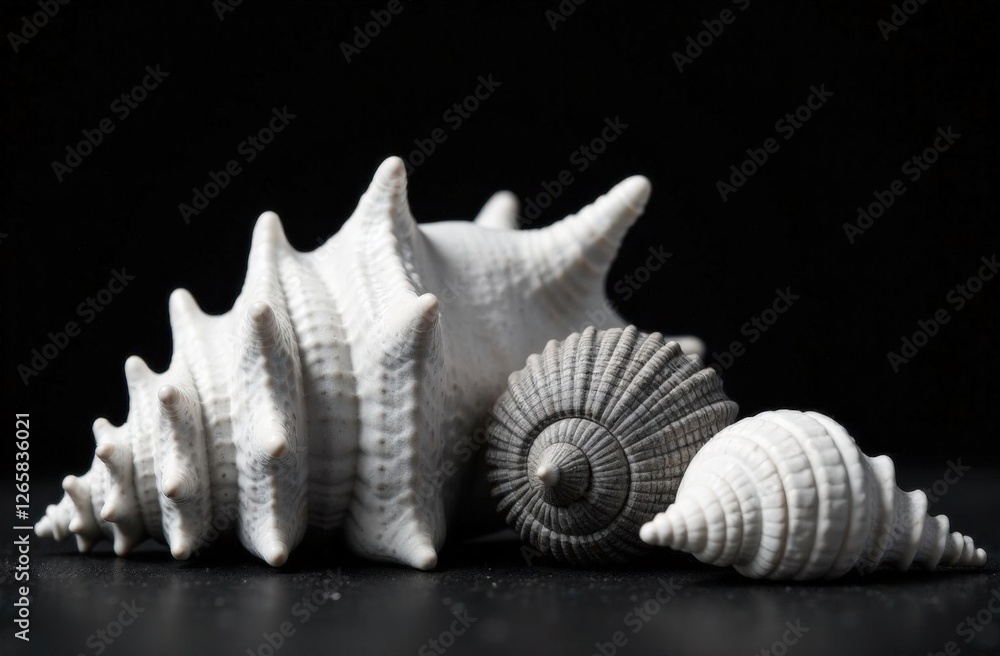 Starfish and shells are isolated on white black background.