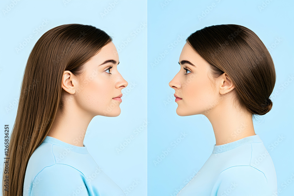 Woman profile, long hair vs updo. Hairstyle change. Beauty concept. Light blue background Woman profile, long hair vs updo. Hairstyle change. Beauty concept. Light blue background