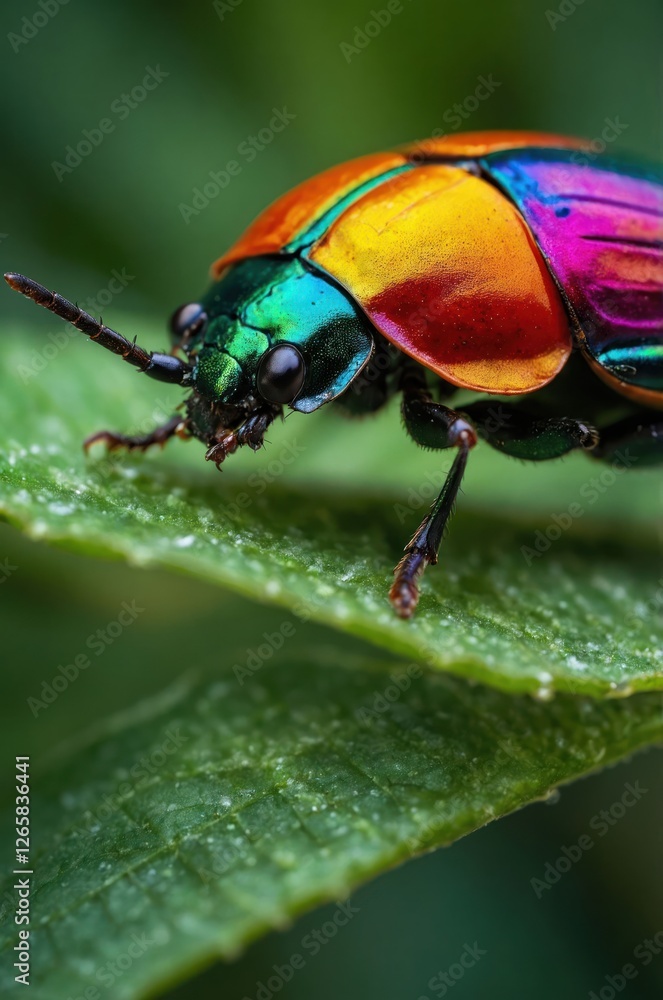 A close-up of a colorful beetle perched on a green leaf, showcasing its iridescent shell. A close-up of a colorful beetle perched on a green leaf, showcasing its iridescent shell.