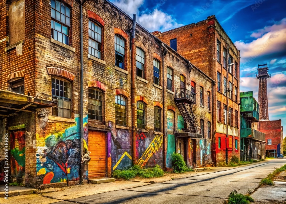 Fototapeta premium Gritty Industrial Neighborhood Graffiti Art Urban Decay Horizontal Banner Stock Photo