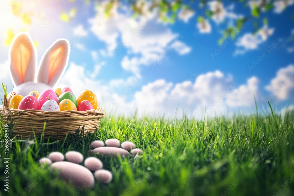 Playful bunny paw prints trail through a vibrant grassy field, guiding the way to a colorful basket filled with Easter eggs, under a bright blue sky Playful bunny paw prints trail through a vibrant grassy field, guiding the way to a colorful basket filled with Easter eggs, under a bright blue sky