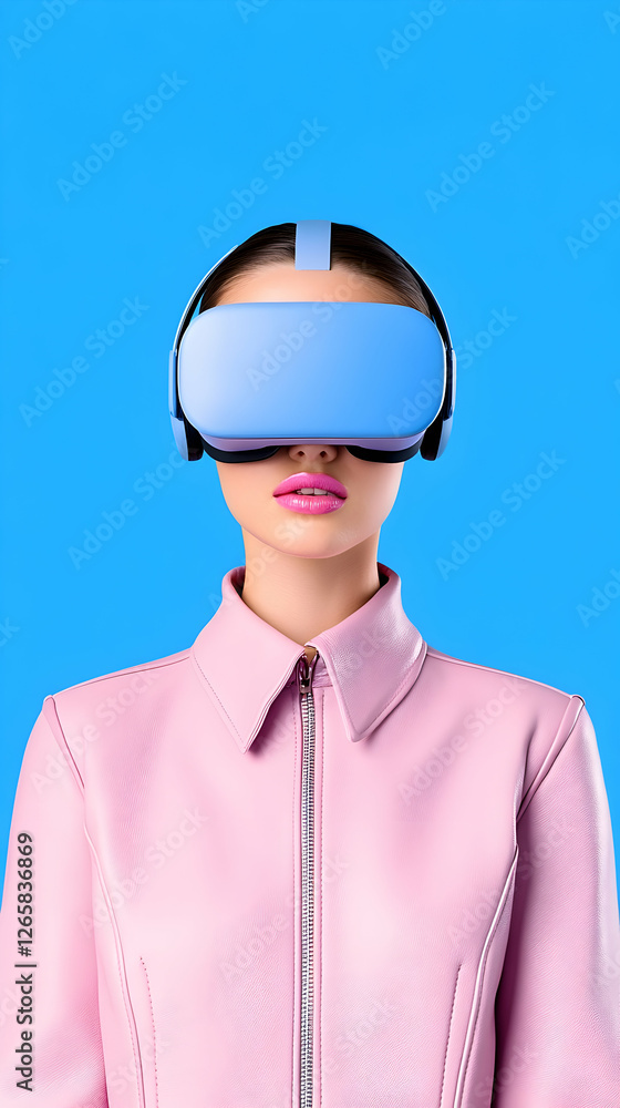 Woman wearing VR headset, pink jacket, blue background. Exploring digital world for future use Woman wearing VR headset, pink jacket, blue background. Exploring digital world for future use