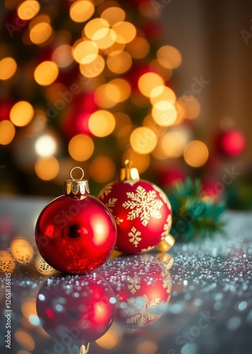 The image features vibrant red and gold christmas ornaments resting on a sparkling surface with shimmering bokeh lights in the background the atmosph bokeh red bokeh abstract background glow design li
