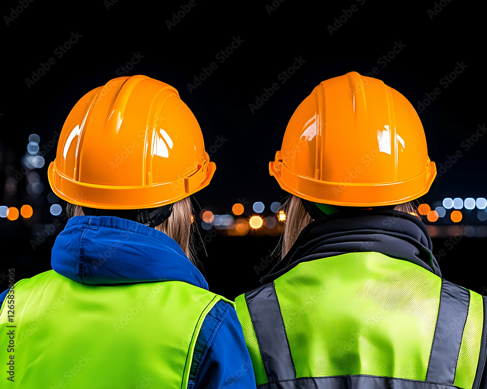 Workers in hard hats oversee city lights at night. Job safety and teamwork Workers in hard hats oversee city lights at night. Job safety and teamwork
