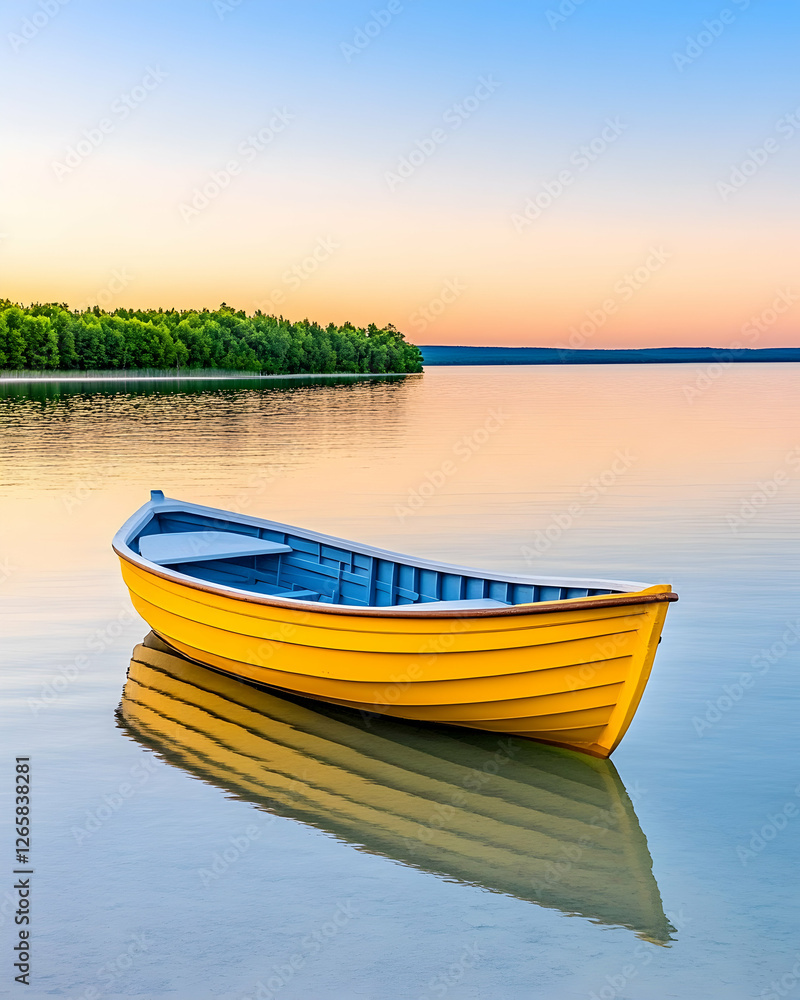 Yellow boat floats calmly in still water near wooded shore at sunset, tranquil Yellow boat floats calmly in still water near wooded shore at sunset, tranquil