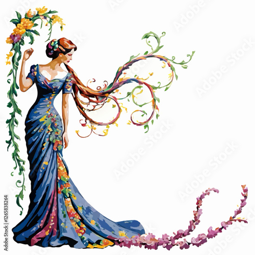 vintage lady with froral tendrils decorative ornament vector with white area for insertion