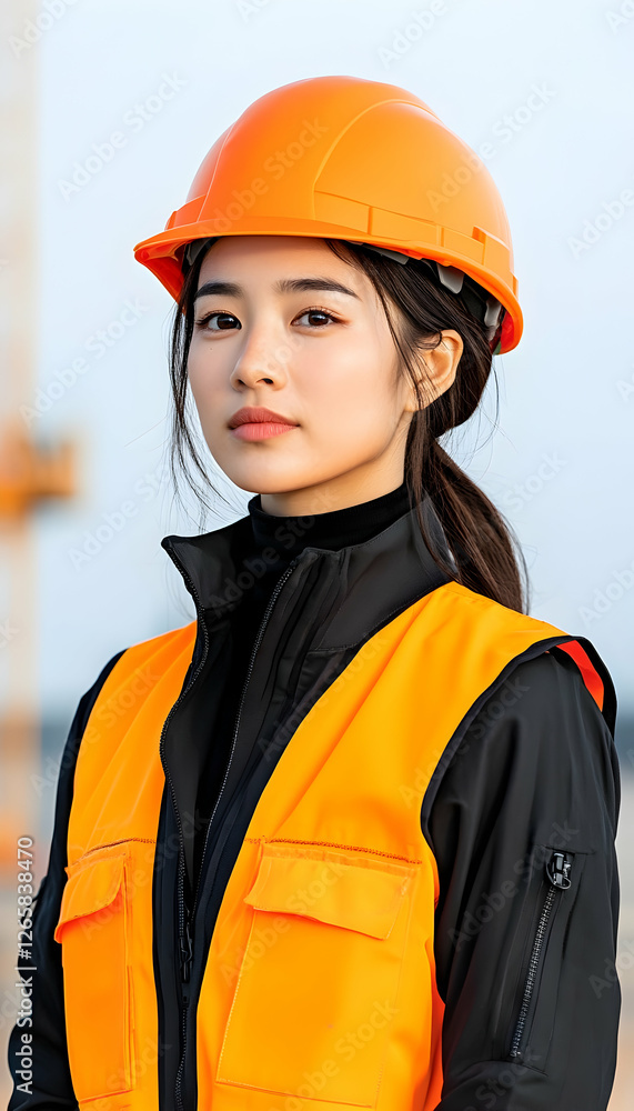 Young female construction worker in vest and hard hat smiles in front of a building Young female construction worker in vest and hard hat smiles in front of a building
