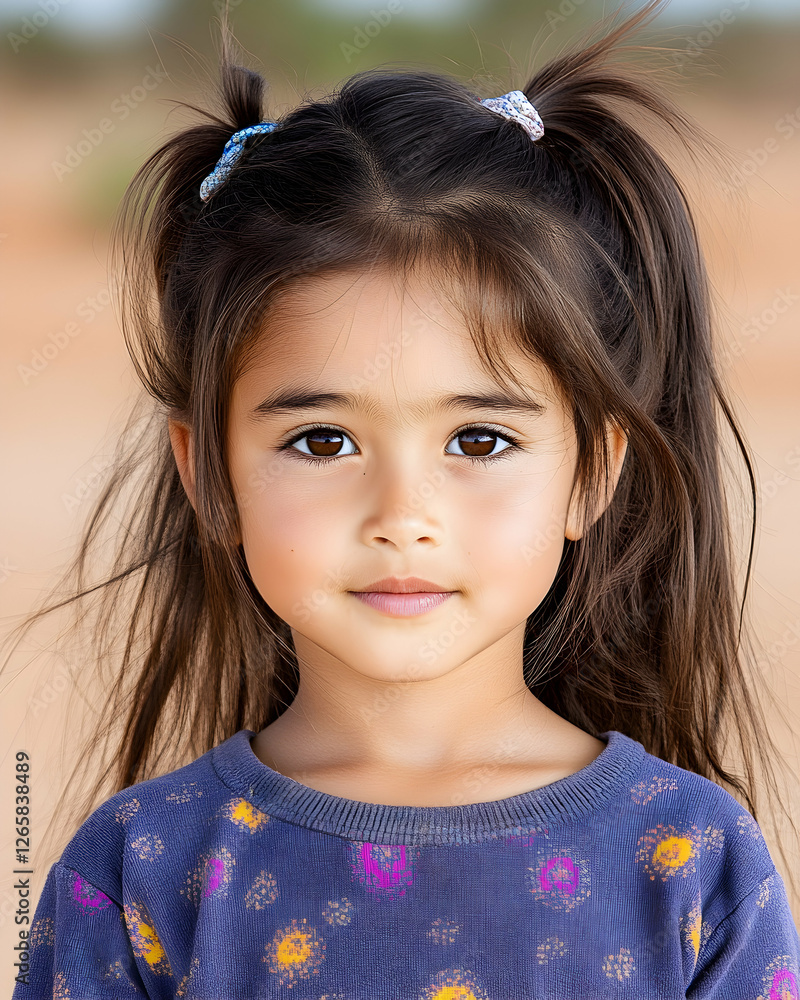 Young girl portrait, smiling, in a desert area. Happy emotion for children's book Young girl portrait, smiling, in a desert area. Happy emotion for children's book