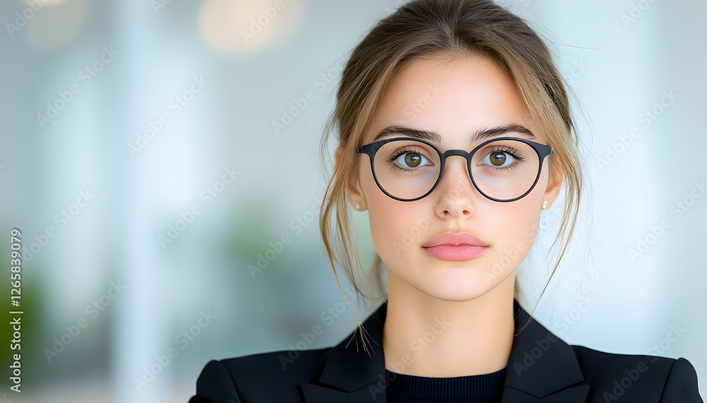 Young woman with glasses in suit portrait, in office. For business, work use