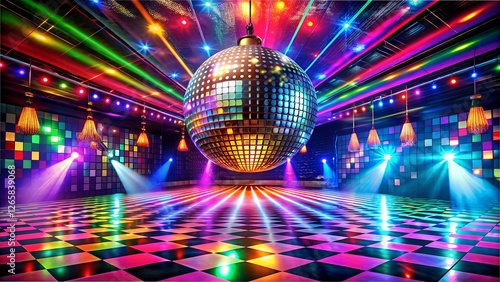 Retro Nightclub Interior with Disco Ball & Neon Lighting