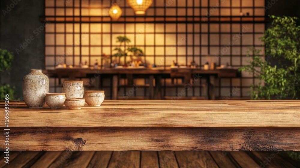 Rustic Wooden Shelf with Cozy Japanese Bistro Ambiance Rustic Wooden Shelf with Cozy Japanese Bistro Ambiance