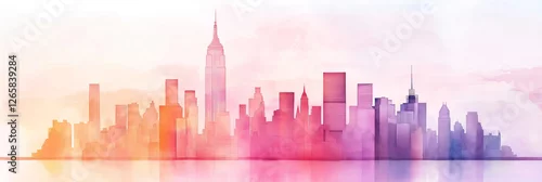 Panel kuchenny z motywem Artistic watercolor painting of the new york city skyline reflecting on water, featuring vibrant and colorful brushstrokes