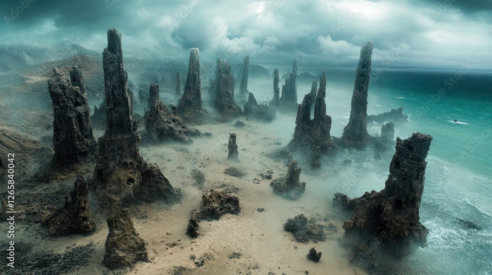 Dramatic coastal rock formations, mist, stormy sky, aerial view Dramatic coastal rock formations, mist, stormy sky, aerial view