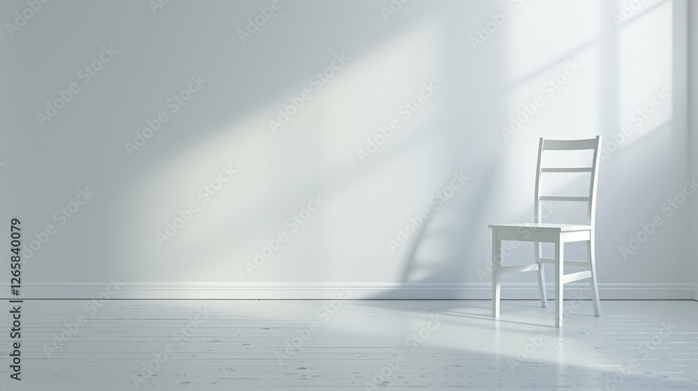 Obraz premium A solitary white dining chair resting on a pristine white floor.