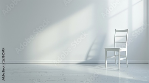 A solitary white dining chair resting on a pristine white floor.