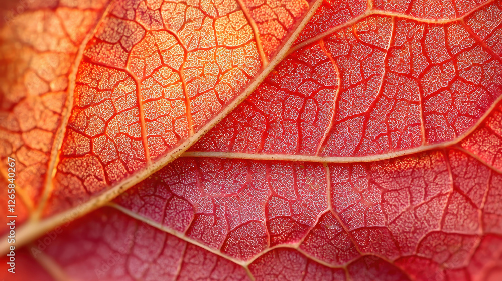 Fototapeta premium Macro shot of vibrant autumn leaves showcasing intricate vein patterns and warm light