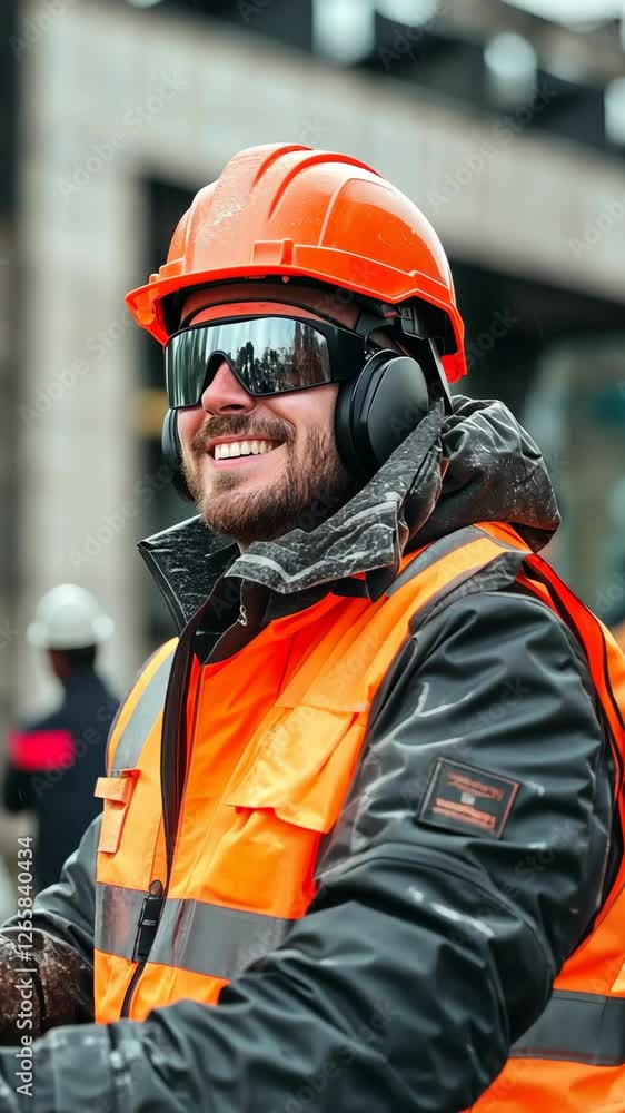 Construction worker smiling on job site wearing safety gear and sunglasses during daytime Construction worker smiling on job site wearing safety gear and sunglasses during daytime