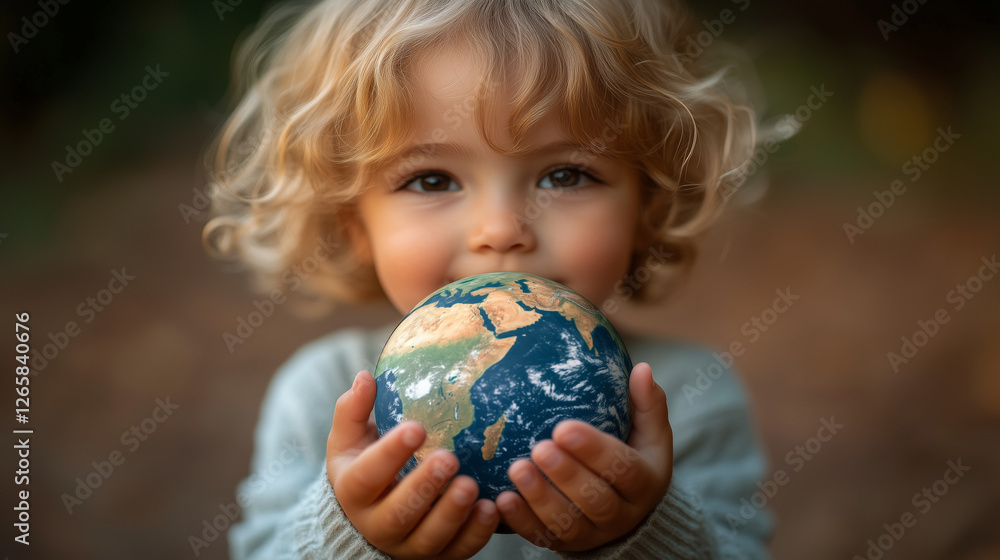 Smiling child holding globe outdoors Smiling child holding globe outdoors