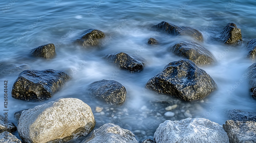 Fototapeta premium Dark rocks submerged in blue water flow