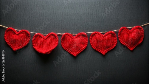 Handmade Knitted Red Heart Banner, Valentine's Day Decoration, Black Background, Craft, Yarn