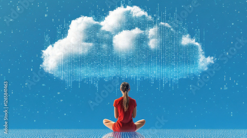 A serene scene of a woman in red, meditating under a cloud made of digital data, evoking themes of technology and mindfulness. photo