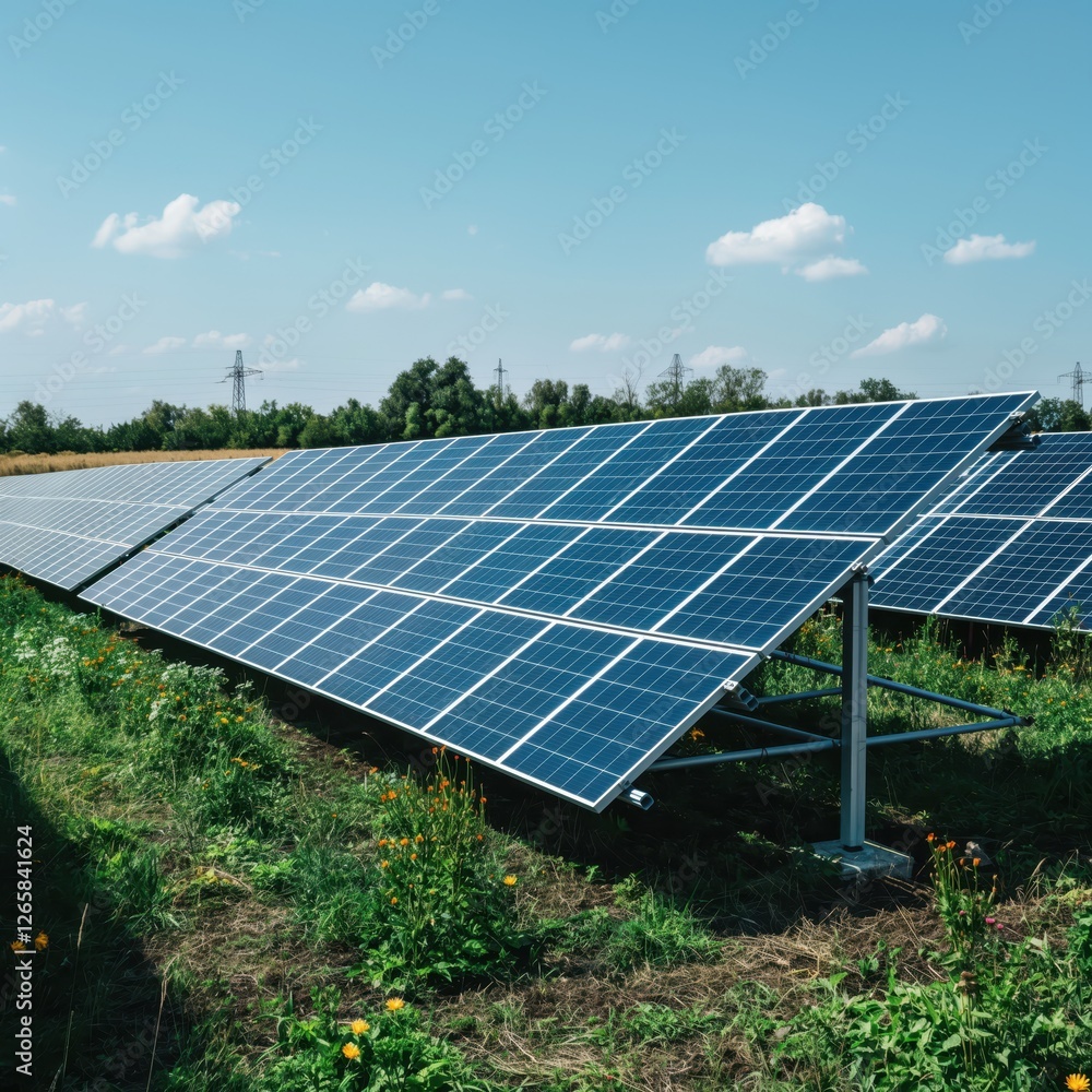 Solar panel field installation renewable energy site outdoor landscape aerial view