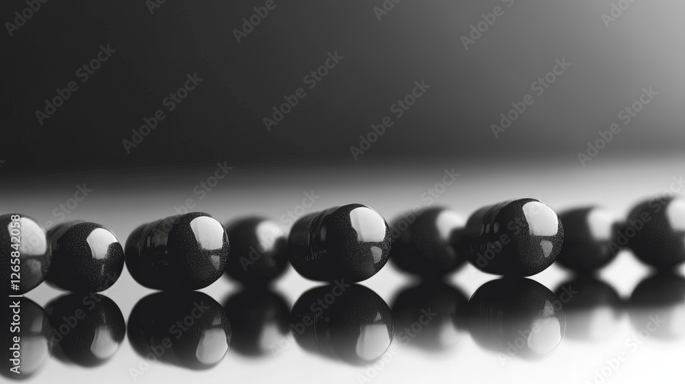 Close-up view of black glossy spheres arranged in a line reflecting light in a minimalist setting Close-up view of black glossy spheres arranged in a line reflecting light in a minimalist setting