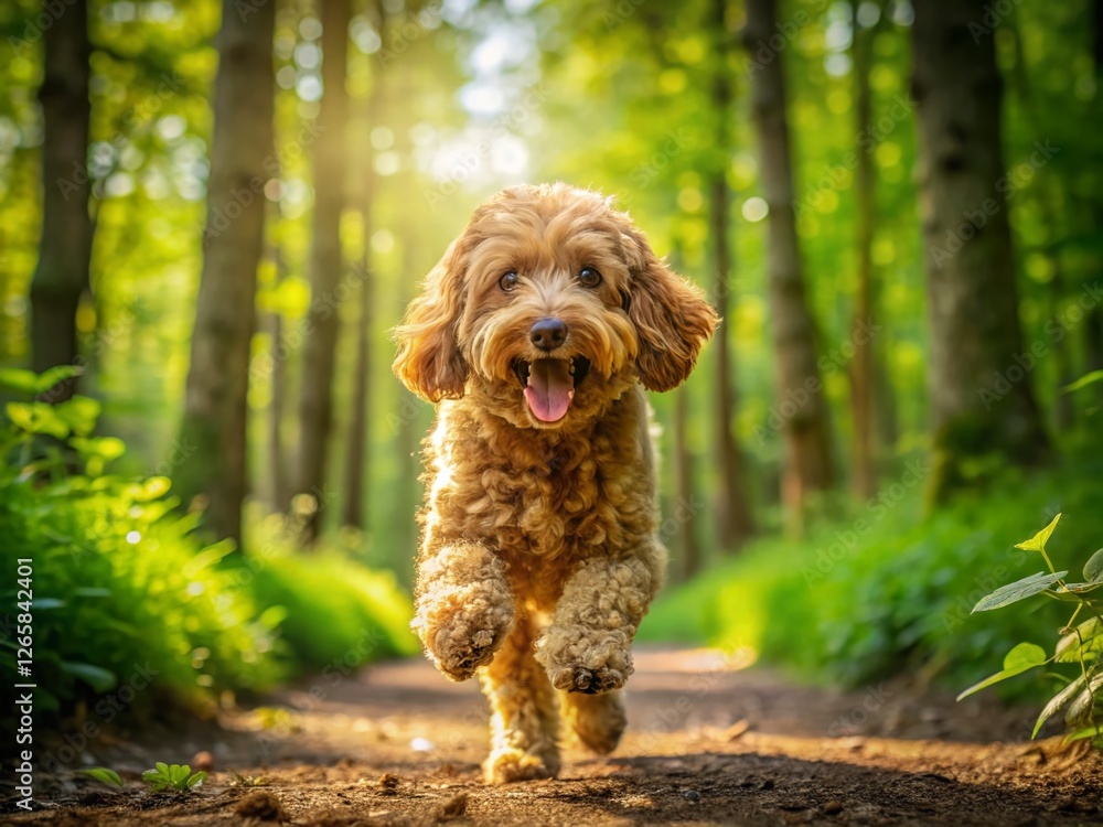Happy Cockapoo Dog Trotting Through Summer Woodland Happy Cockapoo Dog Trotting Through Summer Woodland