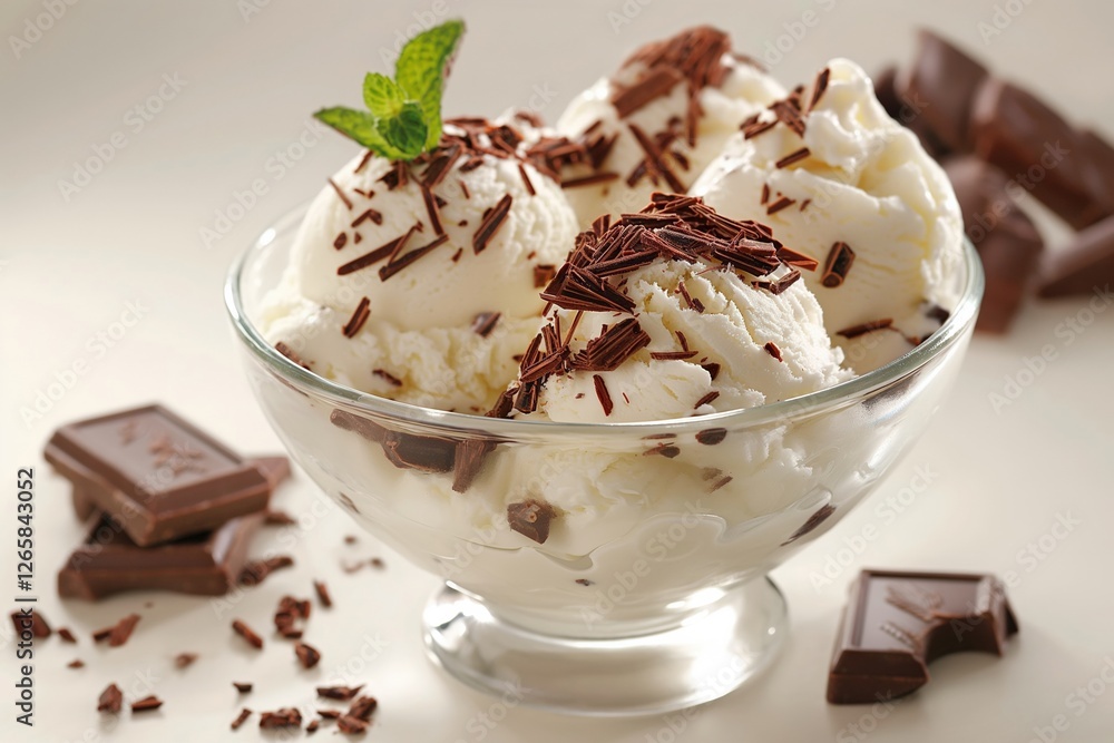 A delicious bowl of vanilla ice cream topped with chocolate shavings and a mint leaf. A delicious bowl of vanilla ice cream topped with chocolate shavings and a mint leaf.