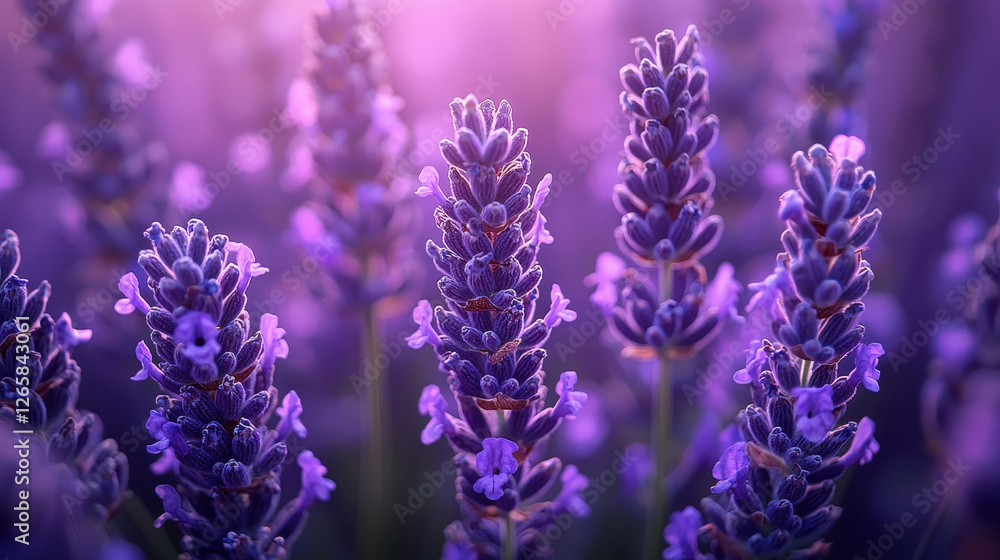 Close-up view of blooming lavender in a tranquil setting with soft hues Close-up view of blooming lavender in a tranquil setting with soft hues