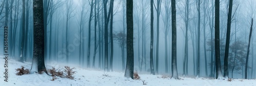 A serene winter forest with tall trees shrouded in fog and snow covering the ground.